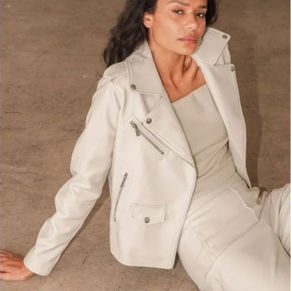 Lulus Women’s Out for the Night Vegan Leather Moto Jacket in Beige size Medium